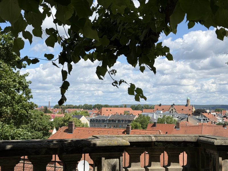 Blick von oben über rote Dächer und einen Kirchturm.
