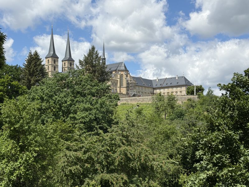 Großer Dom mit mehreren Türmen hinter dichten Bäumen unter einem wolkigen Himmel.
