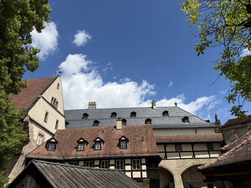 Historische Gebäude mit Fachwerk, Ziegeldächern und hellem Mauerwerk unter blauem Himmel, eingerahmt von Bäumen.