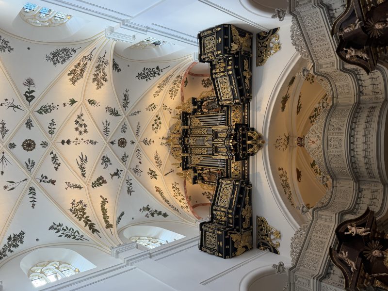 Reich verzierter Kircheninnenraum mit gewölbter Decke, floralen Mustern und dunklem Altaraufbau.